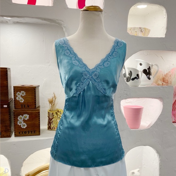 Esprit Tops - Vintage Blue Esprit Satin Cami with Lace Detail and Pintuck Pleated Sides
